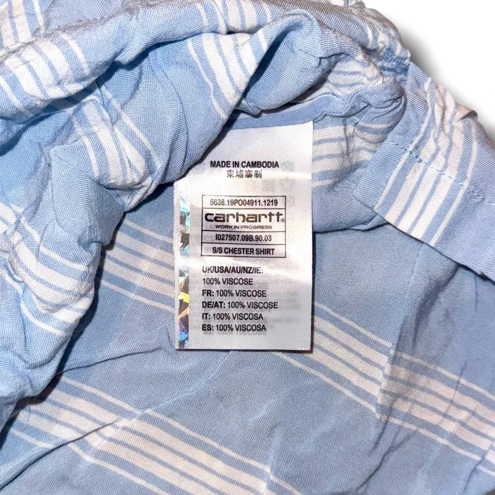 Carhartt WIP Men XXL SS Chester Shirt Light Blue White Striped Viscose Button Up - Picture 4 of 4